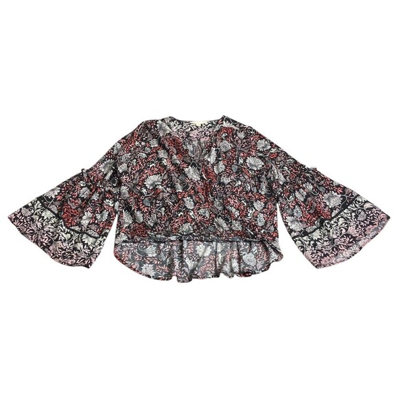 Love Stitch Top Women M Black Floral Metallic Wrap Cross Over Bell Sleeve Boho - Picture 1 of 16